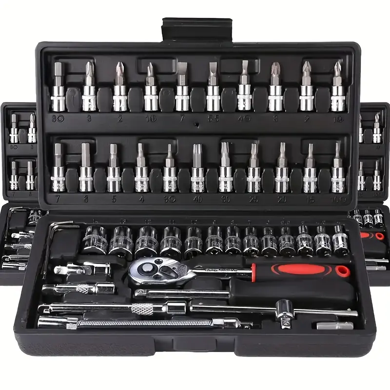 46/53 pcs Car Repair Tool Kit, Household Machinery Tools Set,Standard Socket Wrench, 1/2 * 1/4 "3/8" Drive Depth,Ratchet Screwdriver Compatible with Car Repair & Bicycle Repair, Hardware Toolbox,Auto Household, Christmas Gift for Dad,Black/Green