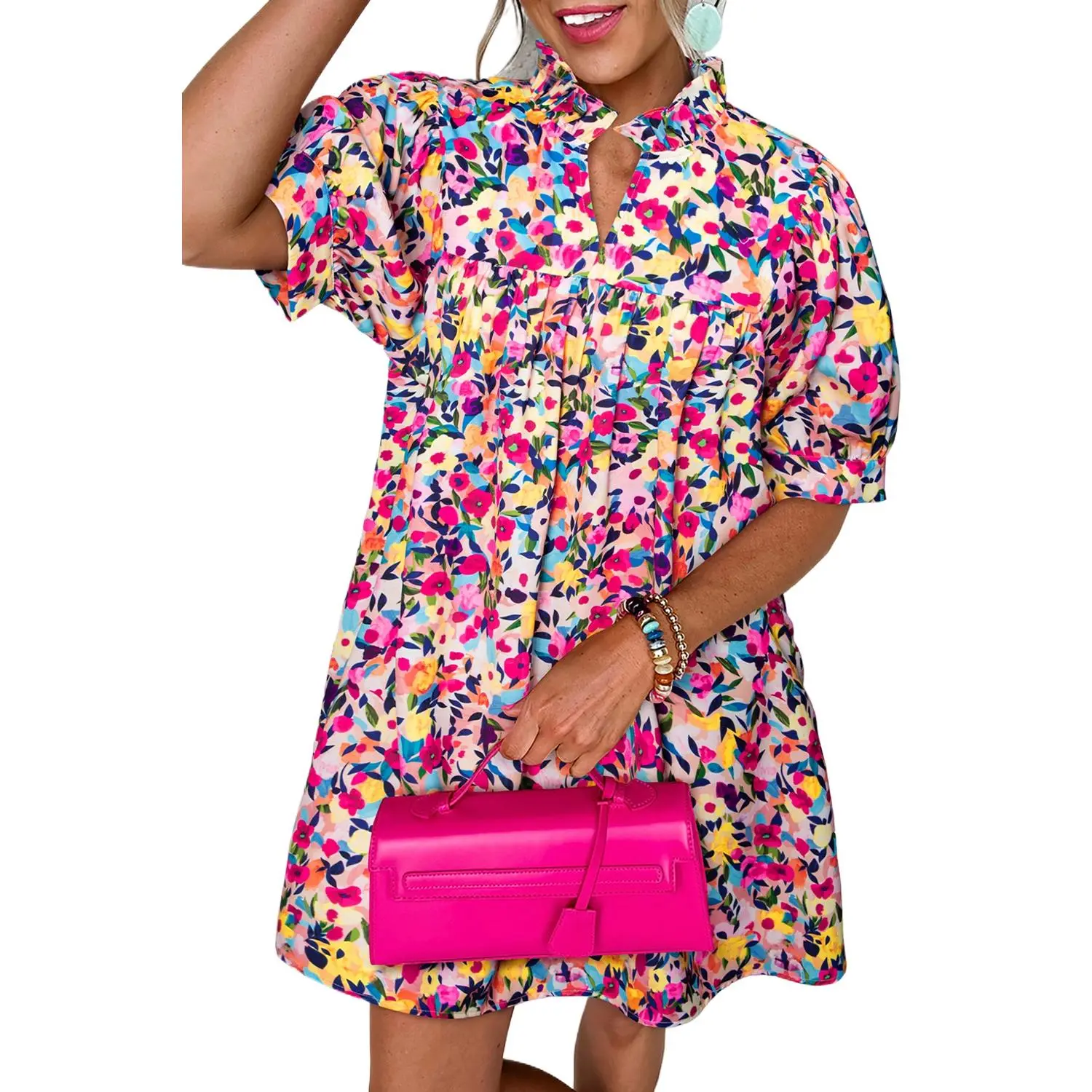 Women's Blush Pink Floral Puff Short Sleeve V-Neck Mini Casual Dress - Elegance, Chic, Comfortable for Day Wear, Print