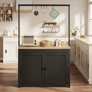 Kitchen Island with Storage 42 Inch Heavy Duty Kitchen Cart Mobile Kitchen Island with 2 Tier Shelves and 5 Hooks Solid Wood Countertop for Small Spaces Black and Natural Sturdy Durable