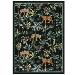 【Christmas Gift】9 x 12 ft Polyester Cashmere Imitation Black Rectangular Hallway Bathroom Entryway Kitchen Office Foldable Jungle Tiger Leopard Printed Modern Washable Area Rug