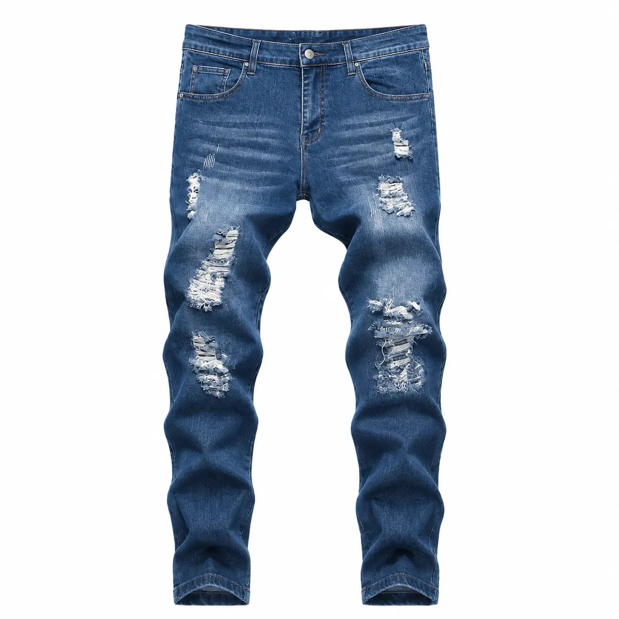Men's Dark Blue Ripped Skinny Jeans, Stretch Slim Fit Distressed Denim Pants for Men, Washed Tapered Leg Streetwear Trousers with 5-Pocket Design, Zip Fly, Casual Fashion Jeans for Daily Wear, Night Out, Dating, Parties and All-Season Outfits Straight