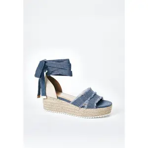 JUST FAB Women's Denim Lace-Up Espadrille Wedges 2.25" Heel Frayed Strap Sandals for Summer & Vacation Boho Chic