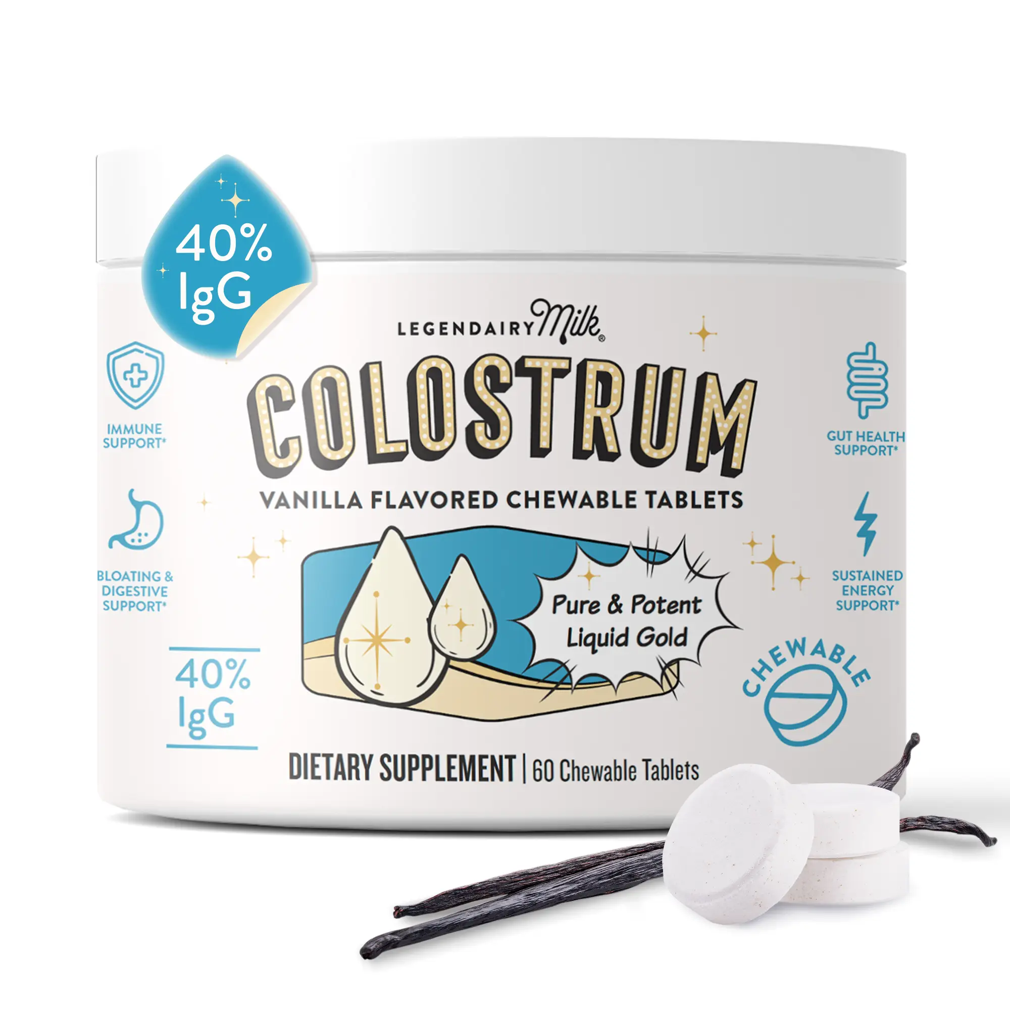 Bovine Colostrum Chewables | Vanilla Flavor | Legendairy Milk | Digestive Health, Bloating Relief, 40% IgG Fitness