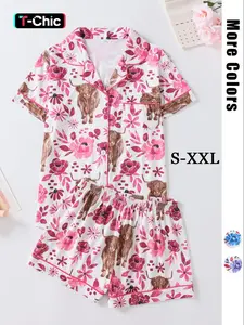 Women's Floral & Cow Print Top & Shorts Pajama Two-piece Set, Casual Comfy Short Sleeve Top & Shorts Pajama Set, Ladies Sleepwear & Loungewear for Summer, Sleep Pajamas Shorts, Womenswear