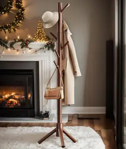 Sturdy Wooden Coat Tree with 8 Hooks, 3 Adjustable Sizes for Clothes Hat Stand Used in Bedroom/Office/Entryway