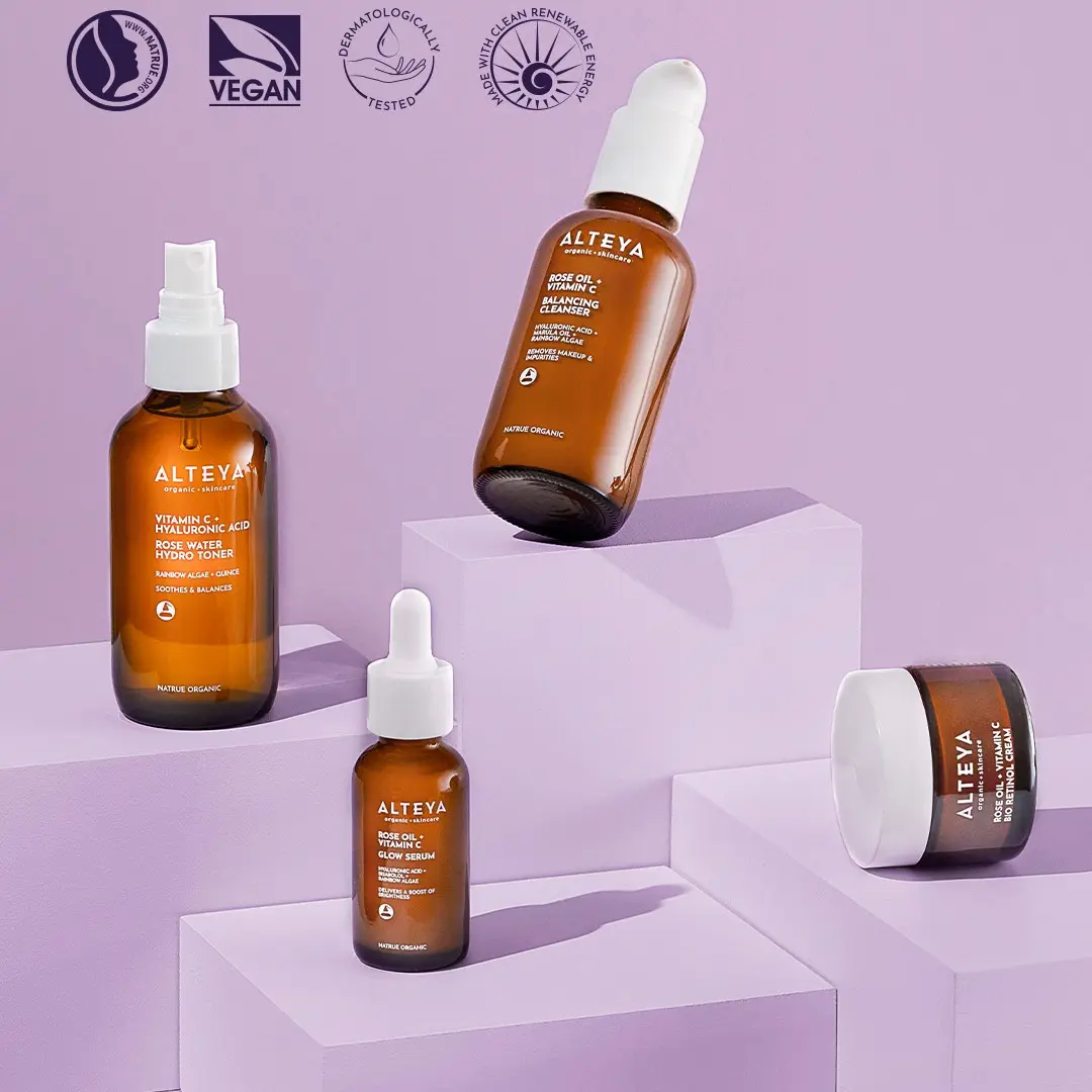 ALTEYA Luminous Rose 4-Piece Glowing Skin Kit - Organic Brightening Formula with Bio Retinol Cream to Restore Radiance for Sensitive Skin, Hydrate, Moisturize