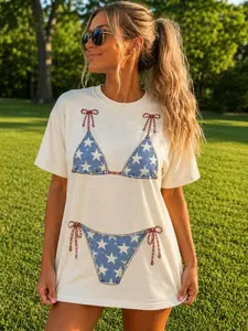 4th of July Fake Bikini Graphic Tee – Streetwear Crewneck Top For Womenswear Casual