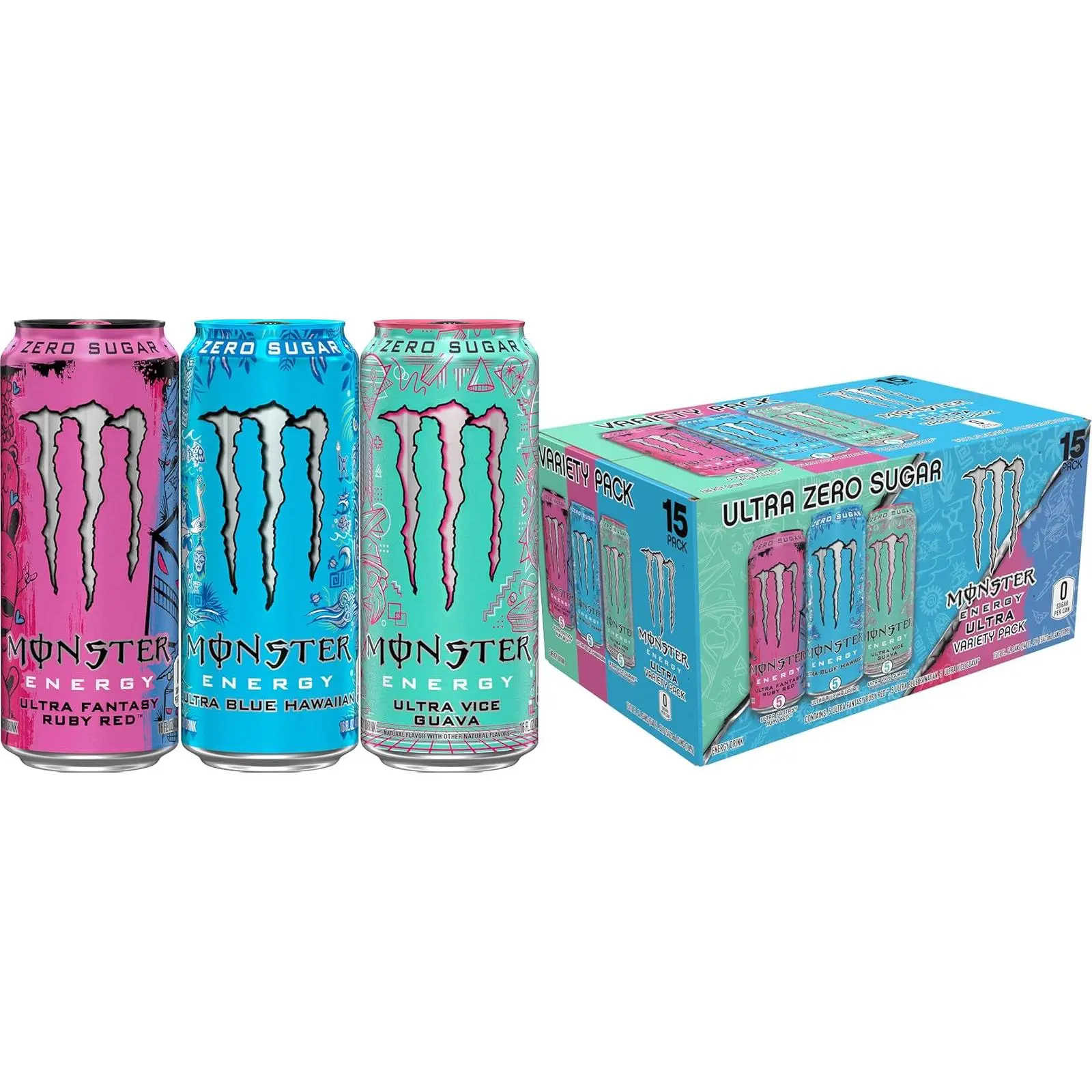 Monster Energy Variety Pack, Can, Blue Hawaiian, Vice Guava, Fantasy Ruby Red, Sugar Free Energy Drink, 16 Ounce (Pack of 15)
