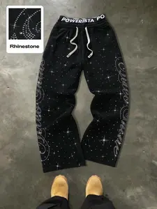 Men's Y2K Rhinestone Starry Sky Wide Leg Sweatpants - Baggy Script Graphic Streetwear Pants - High Waist Drawstring Casual Trousers for Hip Hop, Street Style & Night Party Outfits Casual Loose Comfy