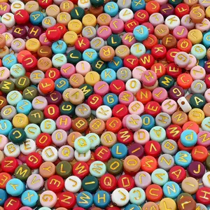 1000pcs 4x7mm Round Letter Beads Colorful Acrylic with Gold Letter Alphabet for Jewelry Making