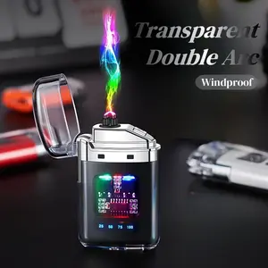 Sleek Transparent Arc Lighter with LED Power Display, Dustproof & Windproof, USB-C Fast Charging for Outdoor Camping and Emergencies