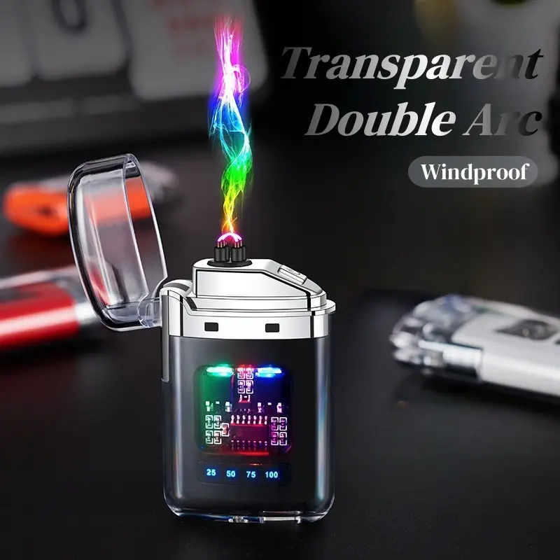 Modern Sleek Transparent Arc Lighter for Camping Enthusiasts, Windproof and Dustproof with Fast Charging and LED Power Display for Outdoor Emergencies