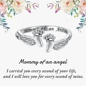 Elegant Adjustable Letter & Wing Design Cuff Ring,Fashionable Jewelry for Women,Personalized Angel Ring, Engraved Ring