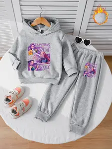 Girls Long Sleeve Witch Hunter Corps Fleece Set, Cartoon Print Hoodie, Casual Fall & Winter, Warm and Comfortable