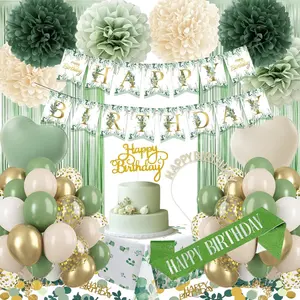 Birthday Decorations Set, Sage Green Party Decoration with Sage Green Balloons, Banner, Pom Poms, Fringe Curtain Background, Birthday Crown, Shoulder Strap for Girls Women Boho Party Supplies