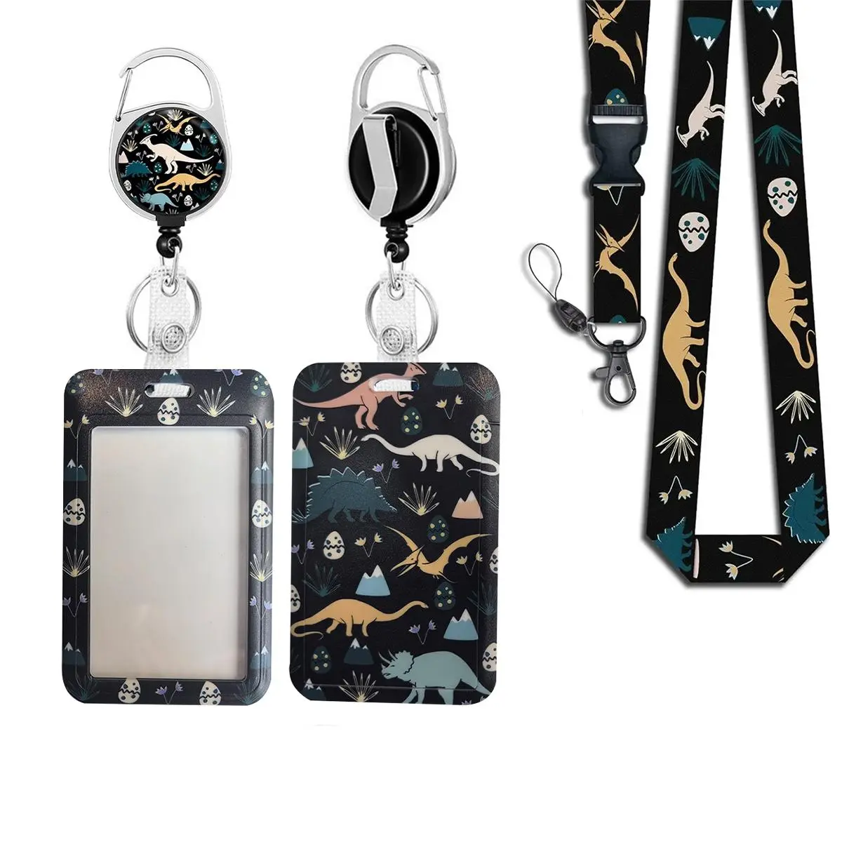 Dinosaur Pattern ID Badge Holder Set, 1 Set Retractable Nursing Badge Reel with Lanyard & Card Holder, Identification Badges & Supplies for Office