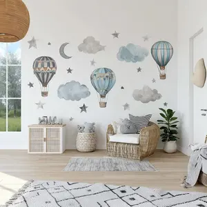 Hot Air Balloon Wall Sticker Set, Watercolor Clouds and Stars, Universal Flat Sticker for Bedroom Decorations, Game Room, Living Room Decor