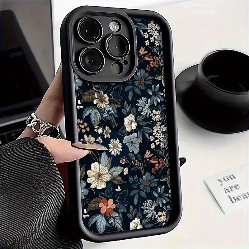 Retro Dark Floral TPU Silicone Smartphone Casing with Lens Protection, Durable Soft Cover for iPhone 17 Pro Max,16,16e,15,14 Plus,13,12 Mini,11,Air,XR,X,XS - Handheld Cellphone Devices Accessory,Gift