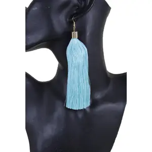 Women Fashion Jewelry Hook Earrings Set Bright Teal Turquoise Blue Fabric Fringes Long Tassel