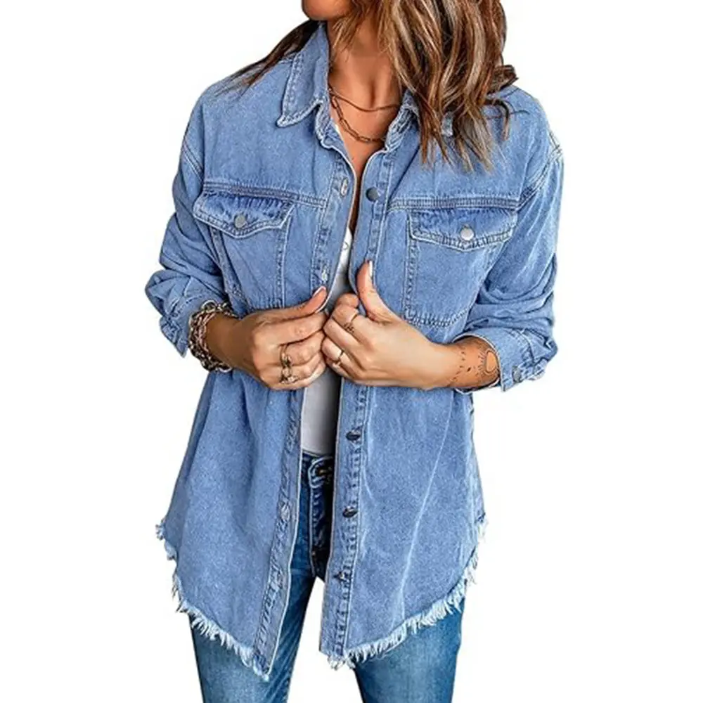 EncoLax Women's Oversized Button Up Frayed Hem Shacket Long Sleeve Pockets Denim Jean Jacket Blue Casual Basic Collared Tops