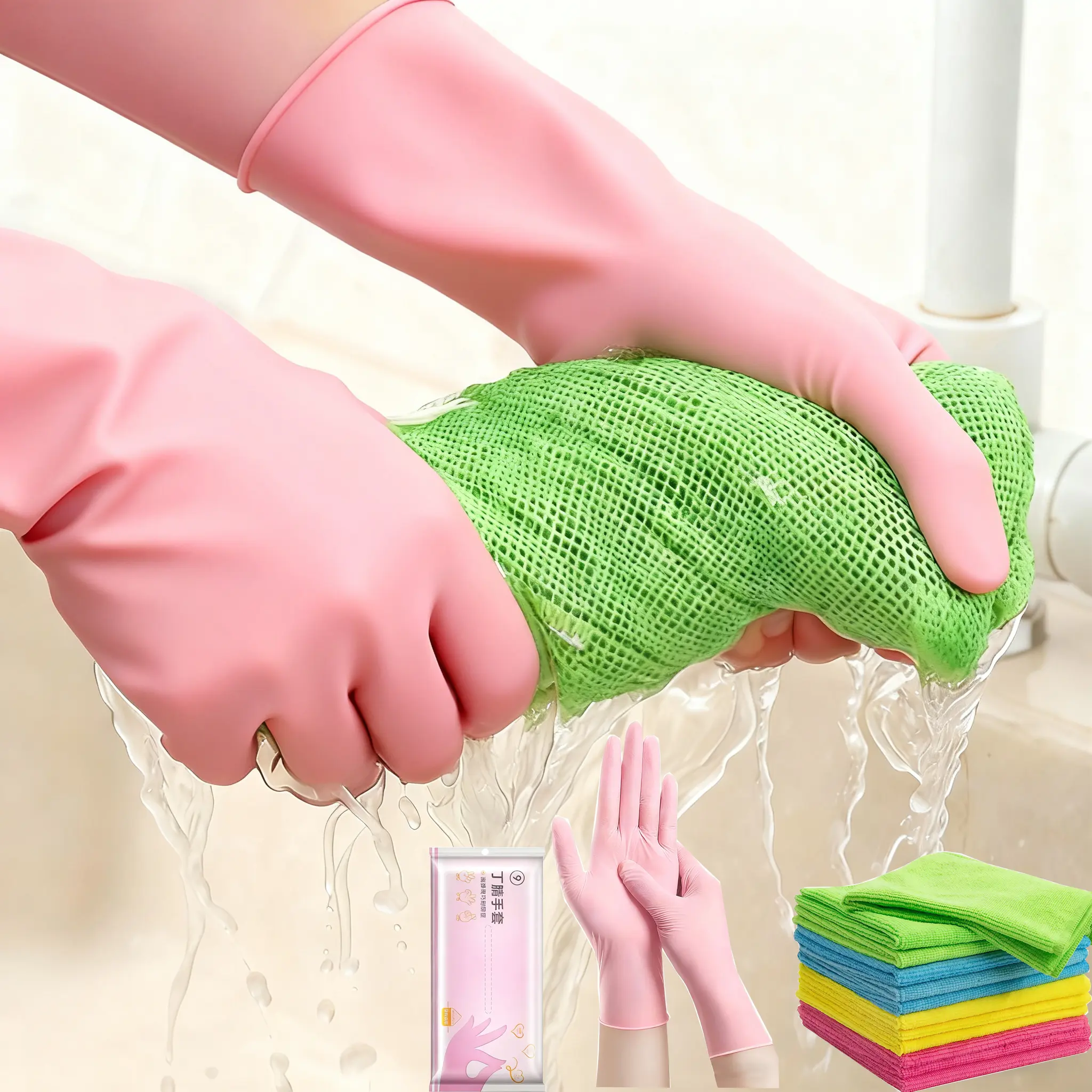 Reusable Cleaning Set with 10 Microfiber Cloths & 30 Waterproof Gloves, Durable Kitchen Rubber Gloves, Oil-Resistant Dishwashing Mitts