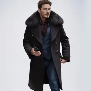 Men's Casual Large Fur Collar Wool Coat Solid Color Double-Breasted Men's Wool Coat Warm