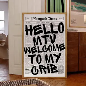 Unframed 2D Flat Retro Typography Canvas Poster Hello Mtv, Chic Newspaper Print Vintage Letter Print Wall Art for Living Room & Bedroom, Home Office Decor, Home Decor Accessory, Modern Home Decor