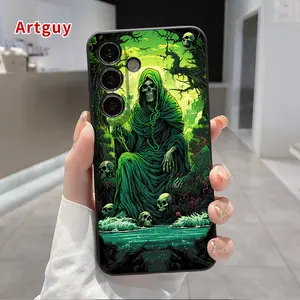 Straight Edge Phone Case Compatible with Samsung S24 ultra plus S25 S23 S22 Ultra Plus Grim Reaper's Realm Pattern Shockproof Silicone TPU Bumper Drop Protection Soft Cover