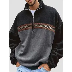Ethnic style fall outfits men 's half-zipper stand-up collar long-sleeved hoodie, autumn and winter color-blocking polar fleece top, casual and warm retro trendy pullover, easily switch between daily casual, home and outdoor scenes