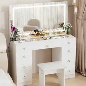 VOWNER Makeup Vanity Desk with Glass Top,Lighted Mirror ,9 Drawers, Soft Cushioned Stool for Bedroom VOWNER Makeup Vanity Desk with Glass Top,Lighted Mirror ,9 Drawers, Soft Cushioned Stool for Bedroom