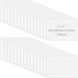 32 Pack Self-Adhesive Index Card Pockets for 3" x 5" Card, Clear Plastic Top Open Label Holders for Storage Bins Library Locker (3.74 x 5.3 Inches)