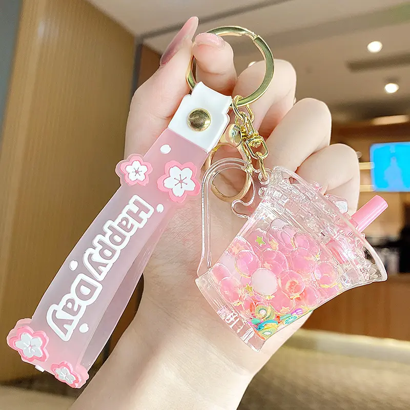Women's/Girls Kawaii Milk Tea Cup Acrylic Keychain - Cute Look Floating Animal Charm with Wristlet Strap, Backpack Pendant Key Ring for Party Decorations, Birthday Party Decor, Women/Girls, Acrylic + Metal, Keychains For Women, Charm Keychains