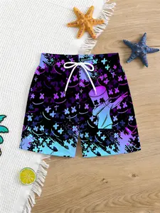 Boys' Cool Printed Swim Trunks with Abstract Pattern, Colorful Gradient Design, Adjustable Drawstring Waist, Perfect for Vacation & Beach Fun, Swim Shorts
