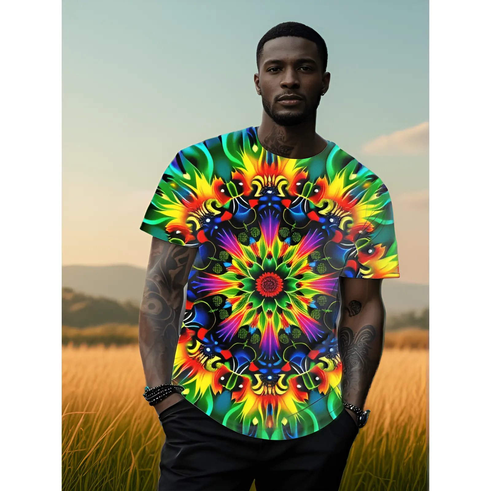 Men's 3D Printed Psychedelic Mandala Short-Sleeve Sports Top, Vibrant Neon Kaleidoscope Floral Design with Electric Blue Magenta Green Yellow Red Hypnotic Swirls, Breathable Stretch Polyester Round Neck Streetwear for Daily Casual S-3XL, Shortsleeve, Fabr