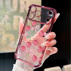 Cherry Bows Pattern Four Corner Anti-Fall Phone Case Transparent Electroplated Protective Cover for iPhone 17 16 Pro Max 15 Plus 14 13 12 11 E Air/Suitable for Women/Men/Girls and Boys as a Gift/SJQNDD8