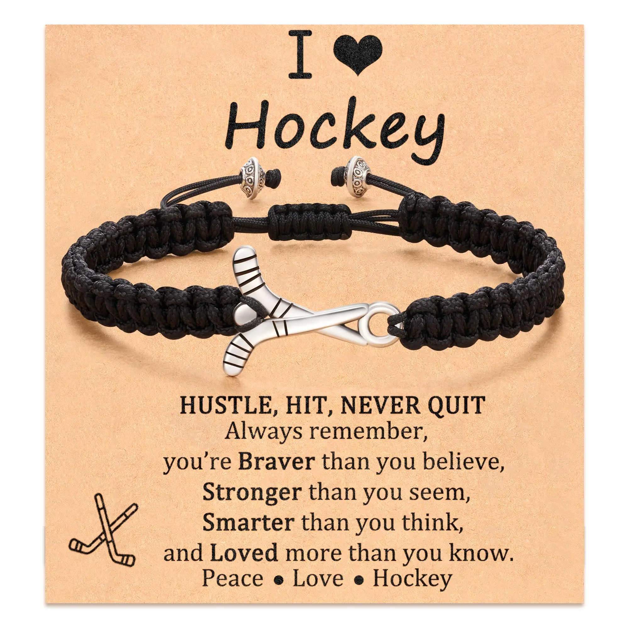Hockey Charm Bracelet with Adjustable Nylon Cord, Inspirational Bracelets Bangles for Boys/Men, Sports Jewelry Gift, Cz Bracelet