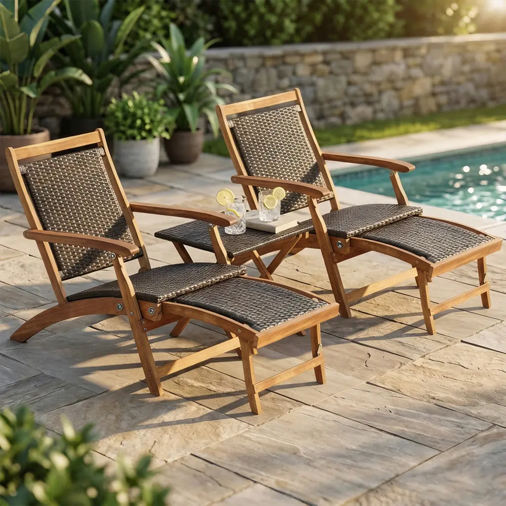 Summerwins Patio Rattan Folding Lounge Chair Set - Plastic Wicker Outdoor Furniture with Natural Acacia Wood Table, Mix Brown PE Wicker, Space-Saving Retractable Ottoman, 350lbs Capacity, for Backyard, Porch Furniture Set, Rugged Outdoor Seating, Patio Ou