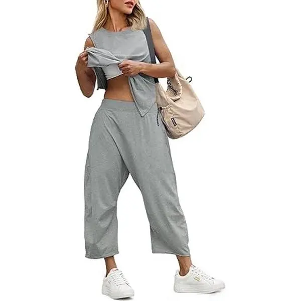 Fisoew Women's Composite 2-Piece Pants & Top Set - Crew Neck Sleeveless Tank, Wide-Leg Elastane Pocketed Pants, Breathable Soft Fabric Summer Workout Casual Matching Women Sweatsuit Sets, Casual Matching Set
