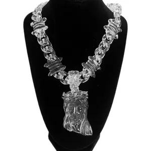 Transparent Jesus Pendant Chain Clear Cuban Link Hip Hop Necklace for Men Women