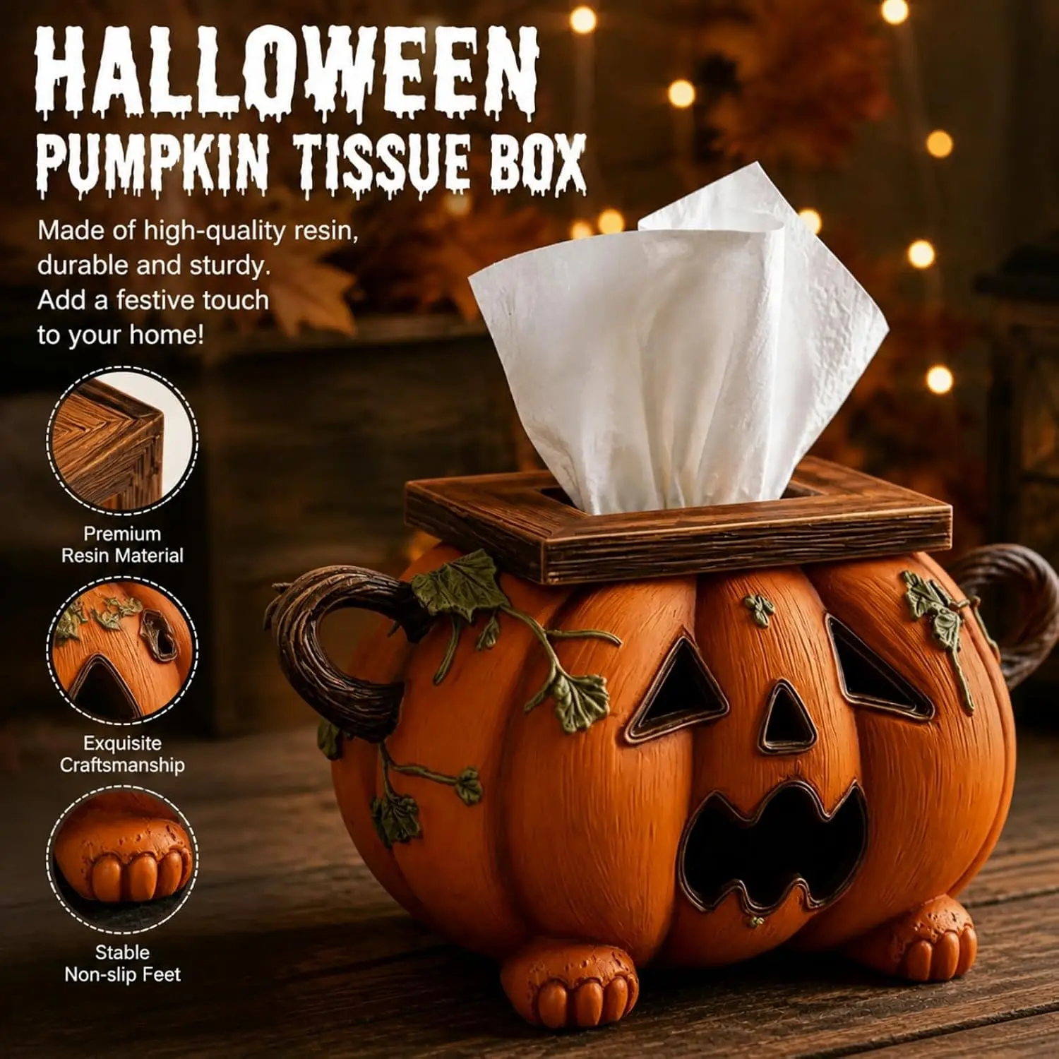 Carved Pumpkin Resin Tissue Box Holder - Rustic Look Halloween Facial Paper Dispenser Cover with Vine Handles, Smooth Opening Spooky Autumn Home Table Counter Decorative Organizer