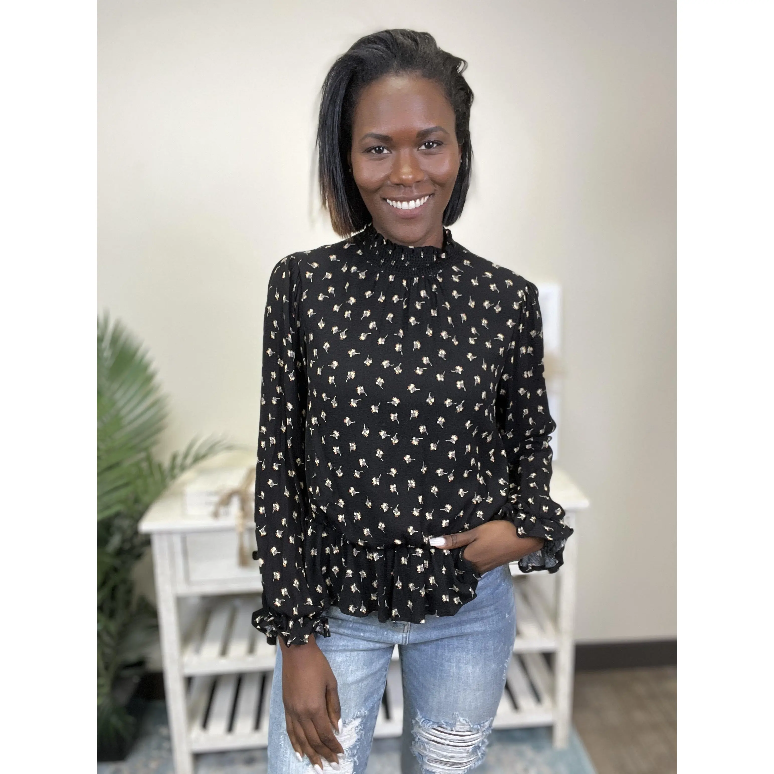 Floral Peplum Blouse for Women - Puff Long Sleeve Mock Neck in Flowy Rayon with Elastic Smocking, Fabric, Longsleeves, Going Out, Ootd Ideas, Style Inspo, Office Ootd