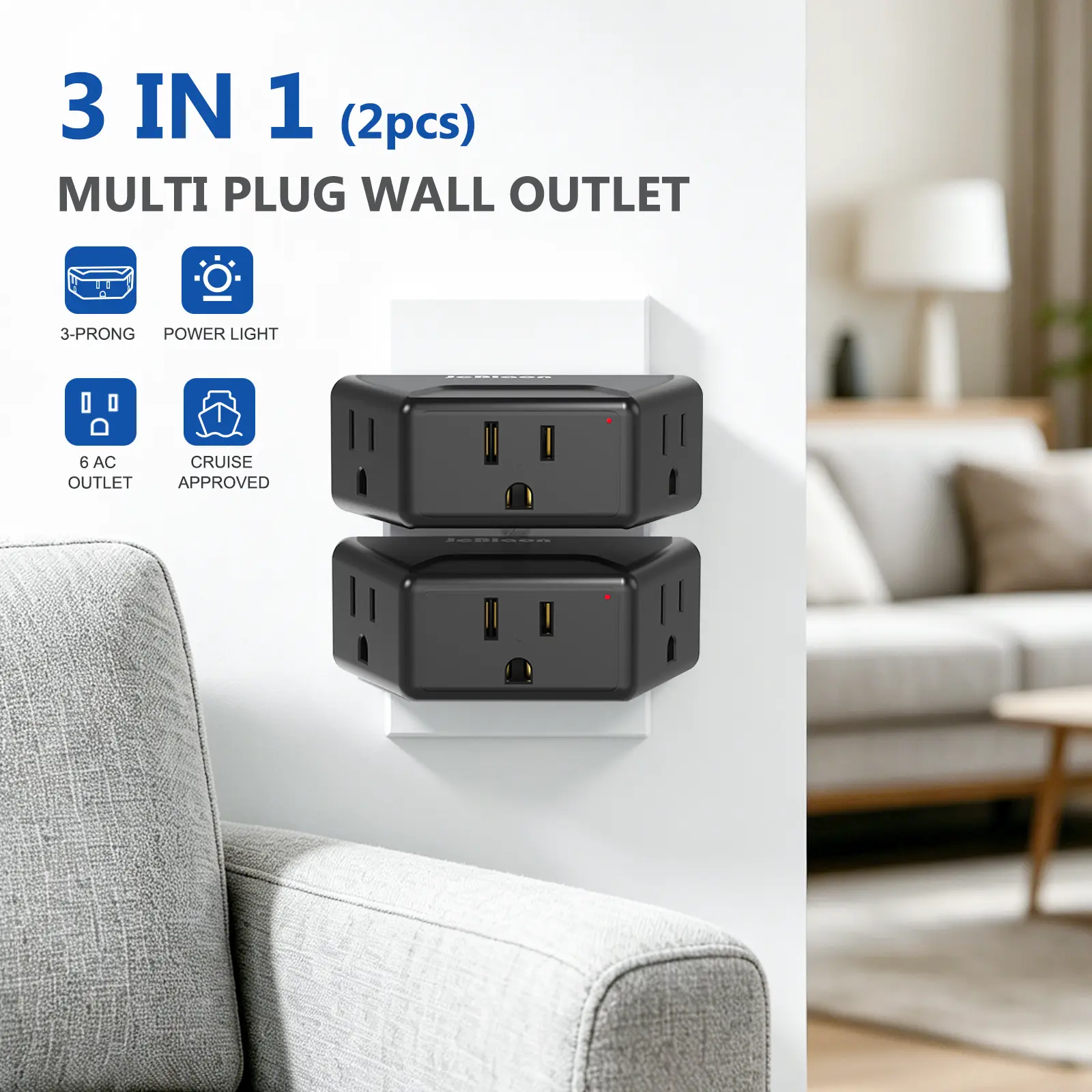2-Pack Multi Plug Outlet Extender, Cruise Ship Essentials,3-Outlet Wall Outlet Extender, Compact Space-Saving Electrical Adapter, Wall Plug Splitter for Home Travel Kitchen Bathroom