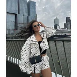 Polka Dot Oversized Jacket Women's Jacket Autumn Spring 2026 Y2K Cropped Long Sleeve Tops Fashion Drawstring Zip Up Coats Casual Outdoor Outerwears
