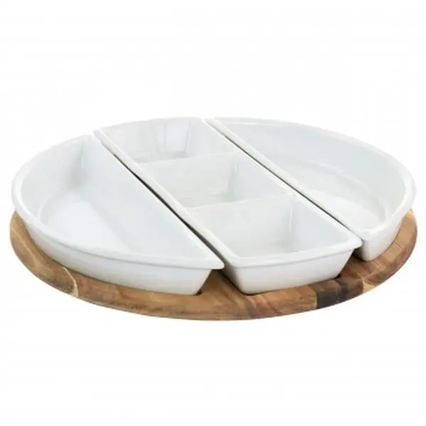 Gibson Elite 127270.04 Gracious Dining Fine Ceramic Sectional Serving Plates Set with Acacia Wood Base - 4-Piece