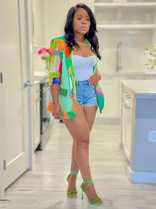 Women's Fashion Colorful Print Knit Blazer Jacket, Casual Long Sleeve Button Front Coat, Spring & Fall Outerwear for Women, Womenswear