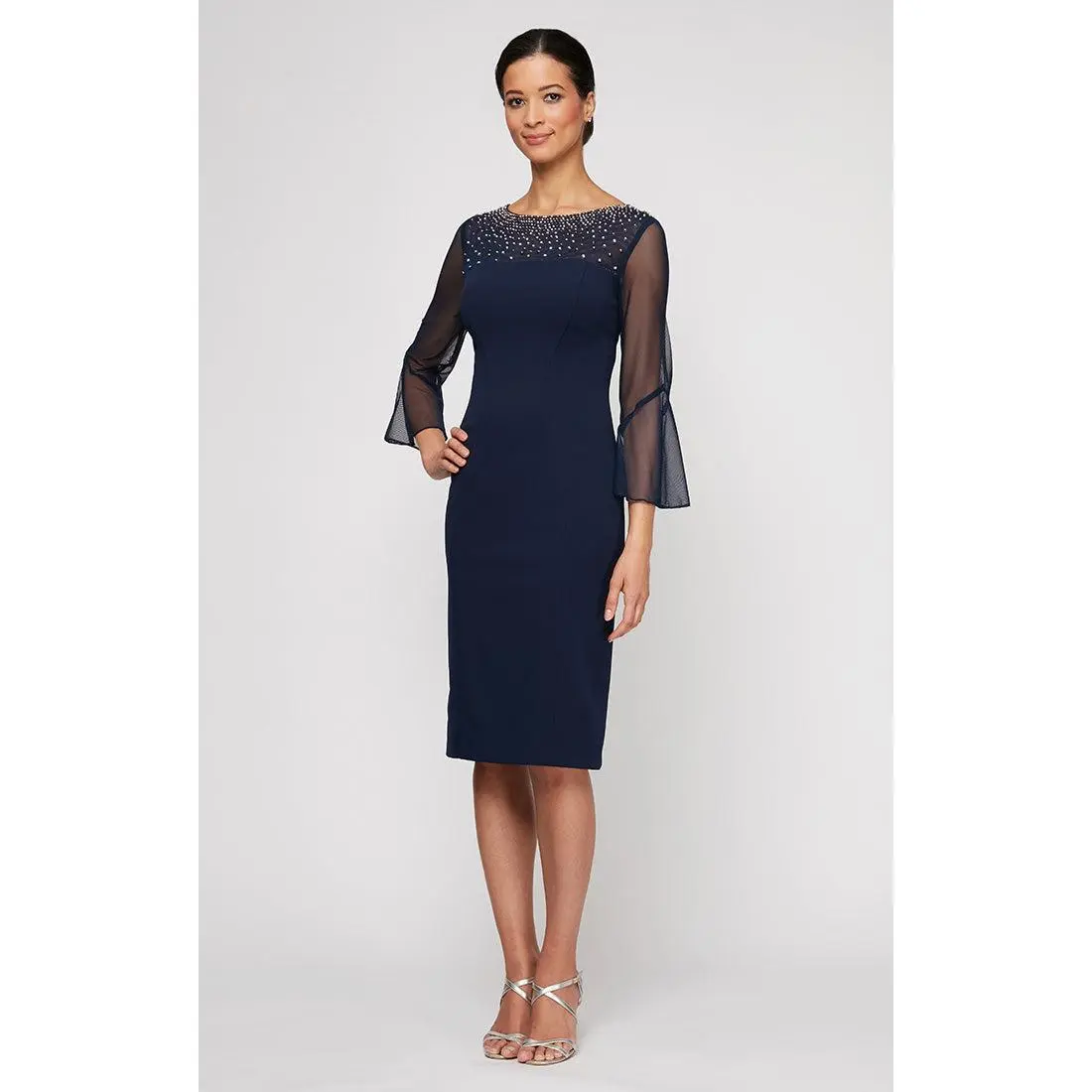 Petite Sheath Crepe Dress with Embellished Illusion Mesh Neckline & Bell Sleeves