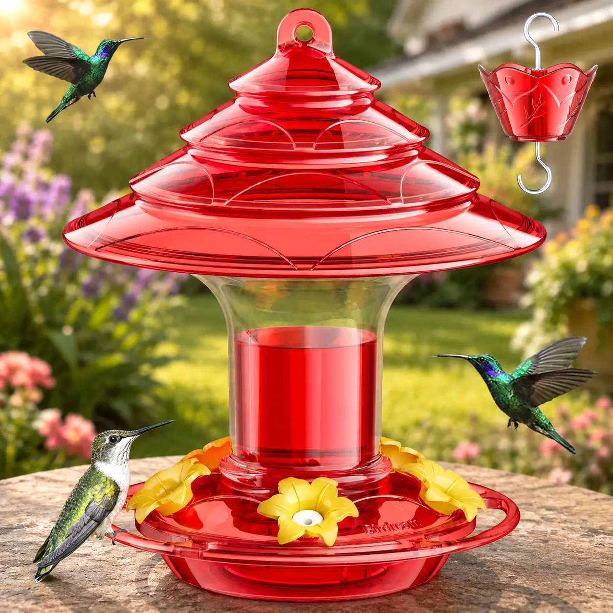 Birdream Hummingbird Feeder for Outdoors Hanging, 20oz Hummingbird Feeders with 5 Bee Guard Feeding Ports & Built-in Ant Moat Brush Leak-Proof for Outside Gifts for Women