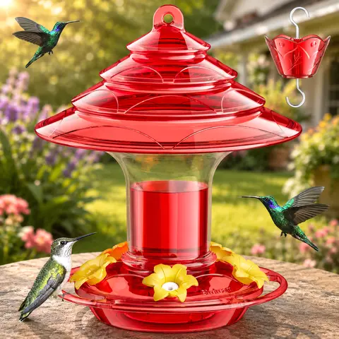 Birdream Outdoor Hanging Hummingbird Feeder, 20oz Leak-Proof Ant Moat Bird Feeder with 5port Bird Access, Bee Guards & Cleaning Brush, Lightweight Plastic for Easy Hanging, Ideal for Porch/Patio/Garden, Women's Gift
