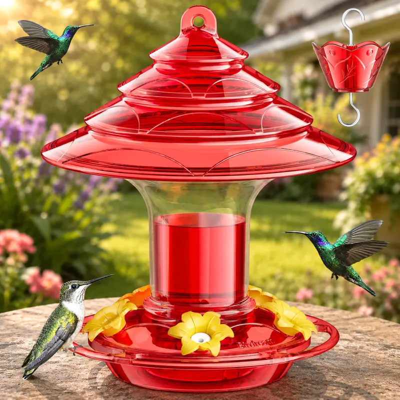 Birdream Outdoor Hanging Hummingbird Feeder, 20oz Leak-Proof Ant Moat Bird Feeder with 5port Bird Access, Bee Guards & Cleaning Brush, Lightweight Plastic for Easy Hanging, Ideal for Porch/Patio/Garden, Women's Gift