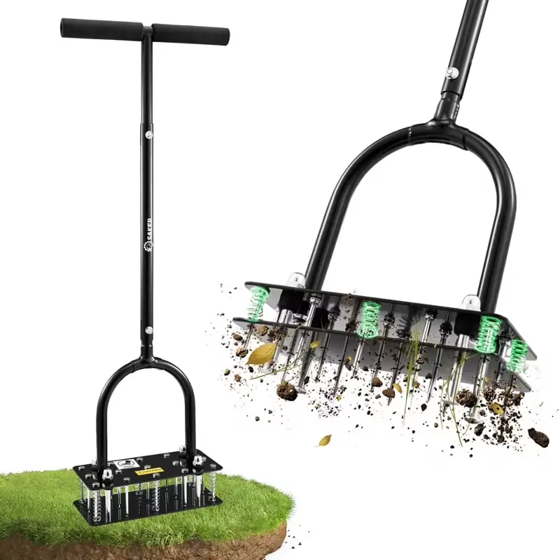 Sakerplus Spring-Loaded Lawn Aerator | Upgraded Self-Cleaning & No-Clog Design | 15 Sharp Spikes for Deep Soil Relief | Professional Lawn Care Tool